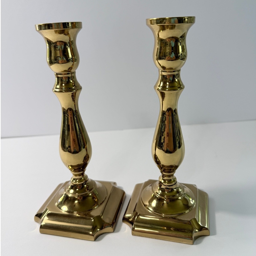 Valsan Brass Candlesticks Pair Vintage Made in Portugal Polished Gold Tone 7.5in
